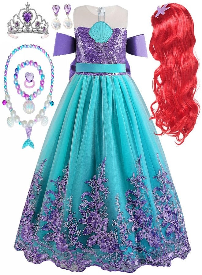 Yosbabe Princess Little Mermaid Costume for Girls Mermaid Wig Princess Ariel Cosplay Dress Up for Birthday Party Halloween Costume (130(5-6T)) - Image 1